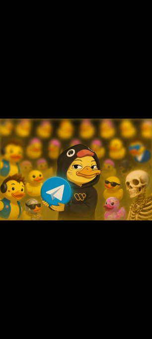 Illustration of a duck character wearing a penguin hoodie holding the Telegram logo, surrounded by other ducks and a skeleton, likely representing the Telegram meme coin community.