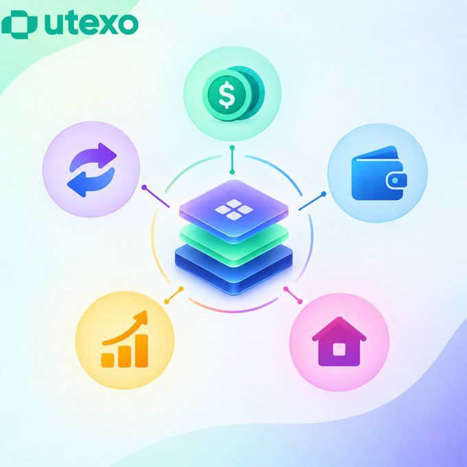 A digital graphic showing the 'utexo' logo at the top, with a central stack of layered cubes connected by dotted lines to five circular icons representing a dollar sign, wallet, house, growth chart, and exchange arrows.