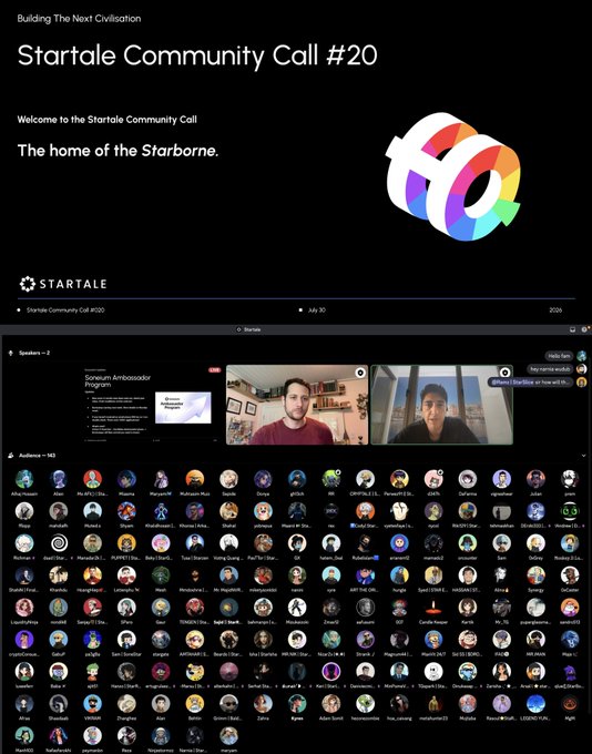 Screenshot of the 'Startale Community Call #20' with 'Building The Next Civilisation' showing two speakers and a large grid of audience avatars.