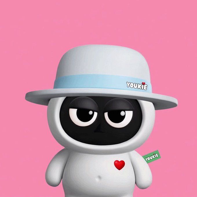 A 3D-rendered white character wearing a wide-brimmed hat with a 'YOUKIE' logo, featuring a black face with large eyes, and a red heart on its chest, set against a pink background.