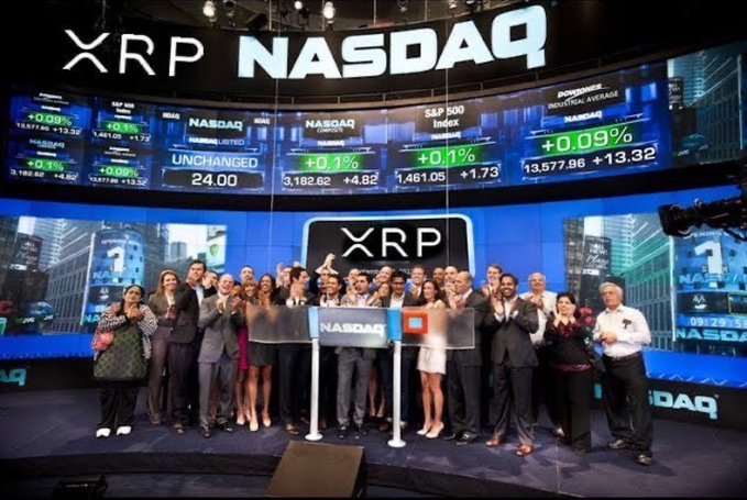 A group of people celebrates on the NASDAQ stage with an "XRP NASDAQ" sign displayed above, as the screens show the S&P 500 at 1,461.05 and NASDAQ at 3,182.62. The image visually represents the XRP community's anticipated milestone on Wall Street, aligning with the post's announcement that Evernorth will hold at least 473 million XRP at its September 30th NASDAQ listing.
