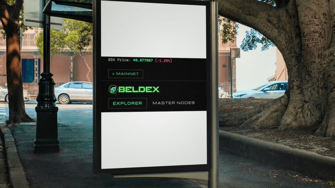An outdoor digital billboard displays a cryptocurrency ticker with 'BDX Price: $0.0770847 (-1.20%)', the BELDEX logo, and buttons for 'MAINNET', 'EXPLORER', and 'MASTER NODES' on a city street.