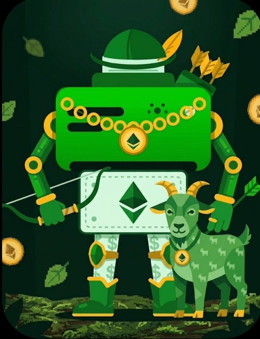 A digital illustration of a green robot dressed as Robin Hood with an Ethereum (ETH) logo, wearing a green hat and gold chains, standing next to a green goat with money symbols on its body, surrounded by floating coins and leaves.