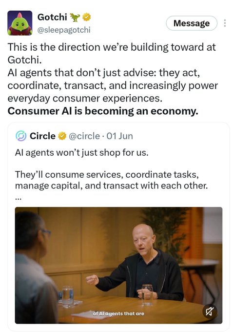 A tweet from Gotchi (@sleepagotchi) quoting a Circle post about AI agents acting as an economy, featuring an image of two men in conversation with the subtitle "of AI agents that are".