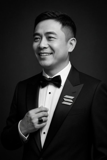 A black-and-white professional portrait of a smiling man in a tuxedo with a bow tie and decorative pocket squares.