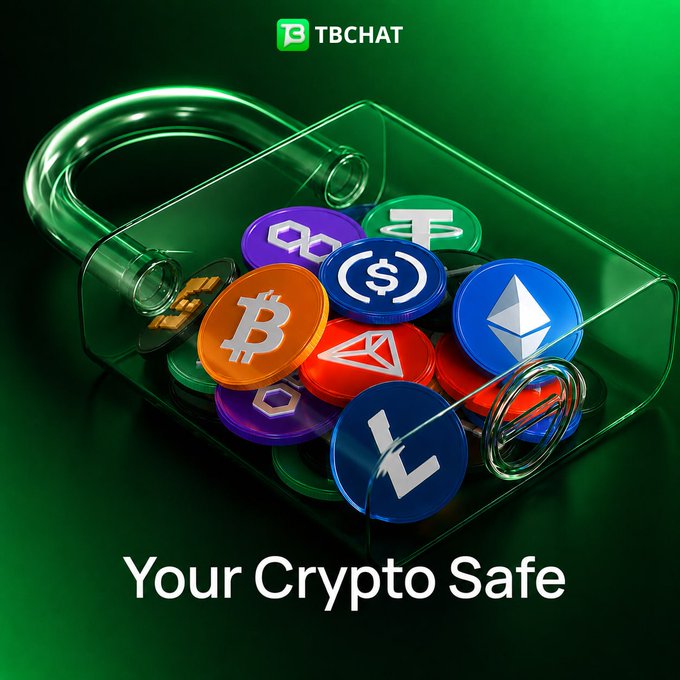 A transparent glass padlock contains colorful coins representing major cryptocurrencies, including Bitcoin (₿), Ethereum (Ξ), Litecoin (Ł), Tether (₮), and others, set against a green background. The text "TBCHAT" appears at the top with "Your Crypto Safe" displayed at the bottom, visually reinforcing the post's message about secure, multi-chain asset management and full user control with TBChat Wallet.