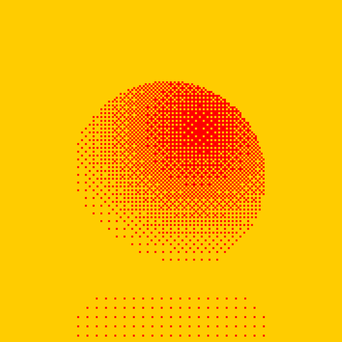 A halftone-style graphic depicting a rose made of red dots on a bright yellow background, with additional red dotted patterns below.