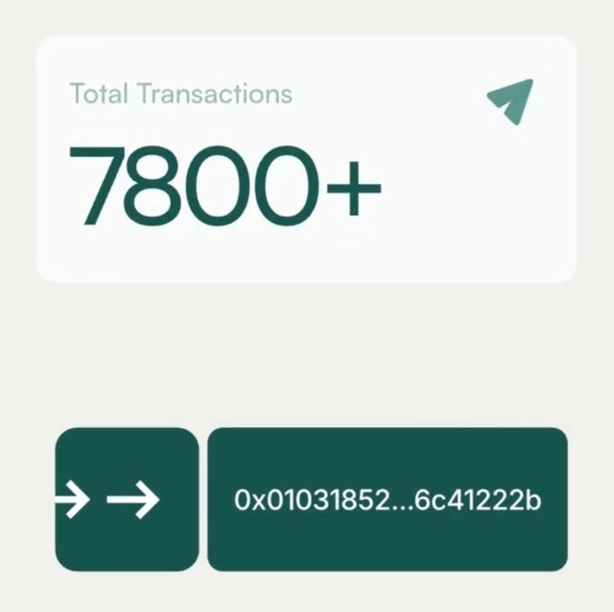 A digital dashboard showing 'Total Transactions 7800+' above a wallet address beginning with '0x01031852...6c41222b'.