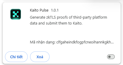 The image shows the Kaito Pulse 1.0.1 extension page, which generates zkTLS proofs of third-party platform data and submits them to Kaito, displaying its long access signature and toggle options. It relates to the post's concern about the extension requesting excessive permissions when connecting to X (Twitter), supporting the claim that the extension's access scope is overly broad.