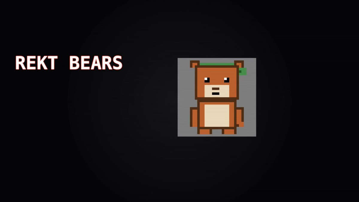 The image features a cartoon bear sitting against a black background. The bear has brown fur, green eyes, and a small hat on its head. It appears to be wearing a backpack with a "REKT BEARS" sticker on it. The bear is positioned in the center of the frame, drawing attention to itself as the main subject of the image.