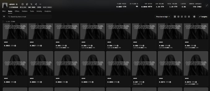 The image shows a computer screen displaying a long list of images, possibly in a music library or album cataloging system. The background of the image is black, making the white text stand out prominently. The image also contains multiple lines of code, which are written on an album creator page. The caption of the post reads, "Anon by @AnonymOrds Free to 0.006 ETH Got max allocation for @Metafrens01 Art looks decent as well Higher!".