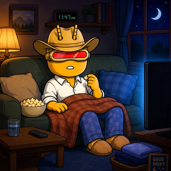 A cartoon illustration of a yellow character wearing a cowboy hat and red goggles, sitting on a couch eating popcorn while watching a movie, with 'GOOD NIGHT' displayed in the corner.
