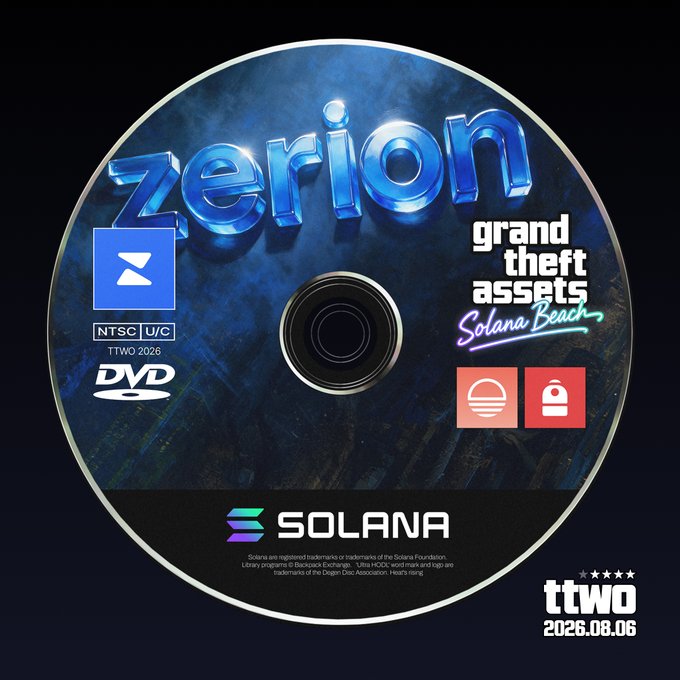 The image shows a custom DVD-style disc labeled "Zerion: Grand Theft Assets - Solana Beach" featuring $SOLANA branding and TTWO ticker markings with the date 2026.08.06, playfully parodying the anticipated GTA VI release by depicting Zerion as a "prequel" on the Solana blockchain.