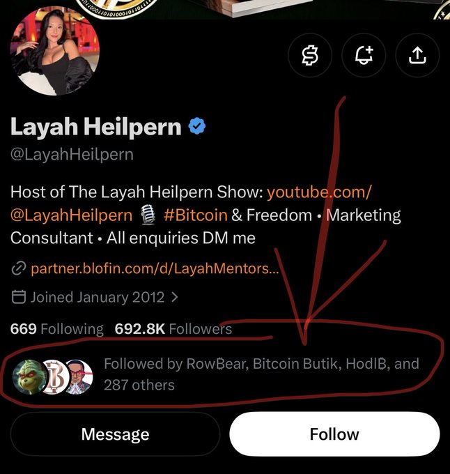 A Twitter/X profile for 'Layah Heilpern' (@LayahHeilprn) with a red arrow and circle highlighting that she is 'Followed by RowBear, Bitcoin Butik, HodIB, and 287 others.'