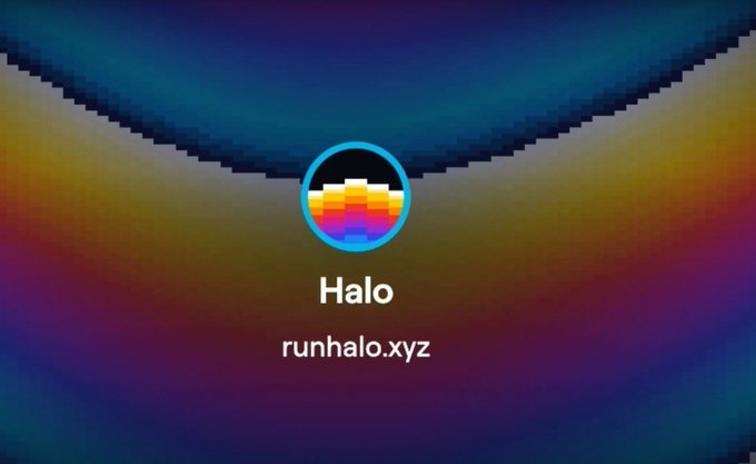 A logo for 'Halo' with the text 'runhalo.xyz' displayed below a colorful circular icon, set against a vibrant gradient background.