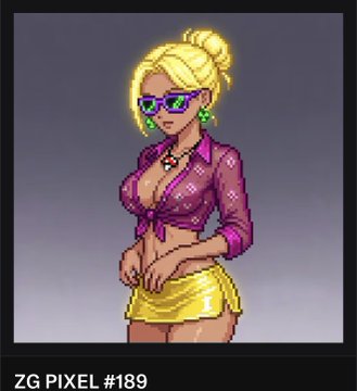 A pixel art portrait, labeled 'ZG PIXEL #189,' depicts a blonde woman in a purple mesh top and yellow skirt, wearing sunglasses and large green earrings.