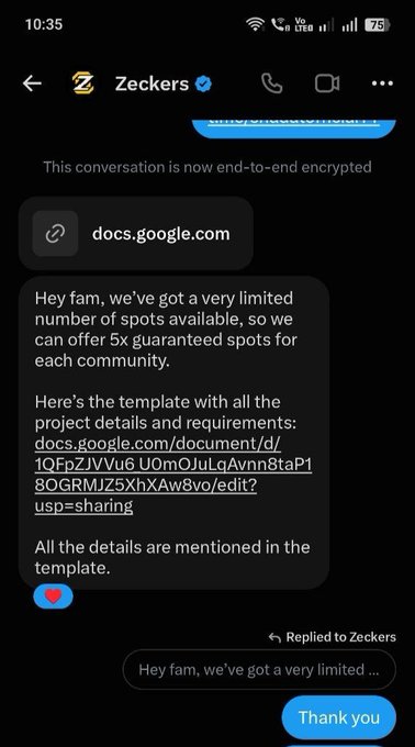 A WhatsApp chat screenshot with 'Zeckers' containing a message about limited spots and a Google Docs template link, followed by a 'Thank you' reply.