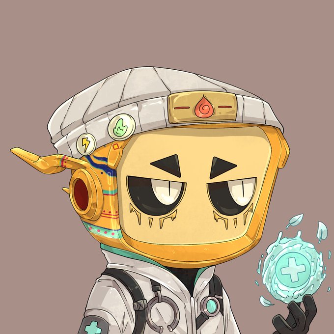 An illustration of a robot-like character with a white cap, golden robotic features, and green-tinted eyes, holding a glowing teal cross-shaped orb.