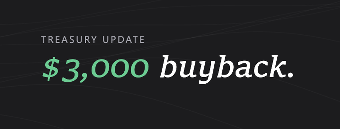 A dark-themed announcement banner with 'TREASURY UPDATE' above the text '$3,000 buyback.'