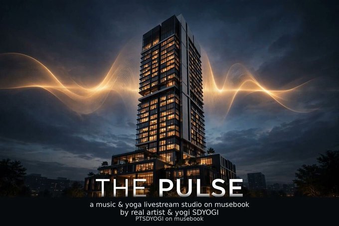 A sleek high-rise tower labeled "THE PULSE" rises against a twilight sky, illuminated by glowing sound-wave graphics, advertising it as "a music & yoga livestream studio on musebook by real artist & yogi SDYOGI (PT $SDYOGI on musebook)." The image visually represents the livestream music and yoga platform mentioned in the post, tying the $musebook crypto project to its creator SDYOGI and the live-streamed wellness experience.