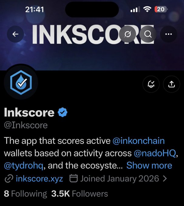 A Twitter/X profile page for @Inkscore showing the account joined January 2026 with 3.5K followers, describing itself as 'The app that scores active @inkonchain wallets based on activity across @nadoHQ, @tydrohq, and the ecosystem' with a link to inkscore.xyz.