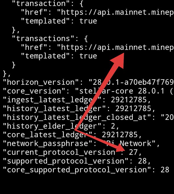 The image shows a JSON response from Pi Network's mainnet API displaying version details, with "core_version": "stellar-core 28.0.1" and "current_protocol_version": 27, alongside a red arrow pointing toward these numbers. This relates to the post by illustrating that the Stellar Core infrastructure has been upgraded to version 28, confirming the Pi Core Team is readying the backend for the upcoming Protocol 28 upgrade that will support advanced smart contract features and DApp expansion.