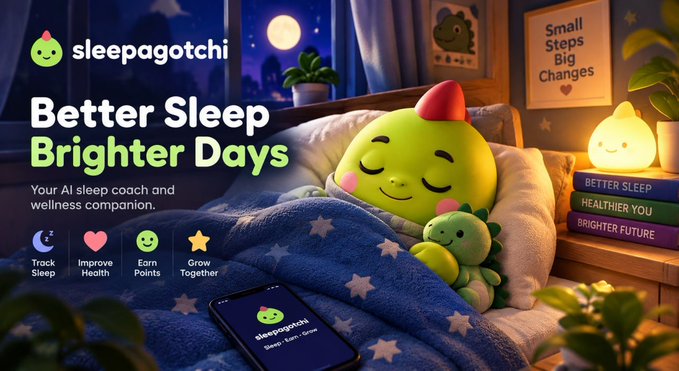 Promotional graphic for 'sleepagotchi,' an AI sleep coach app, featuring a green mascot tucked into bed with the tagline 'Better Sleep Brighter Days' and feature icons for tracking sleep, improving health, earning points, and growing together.