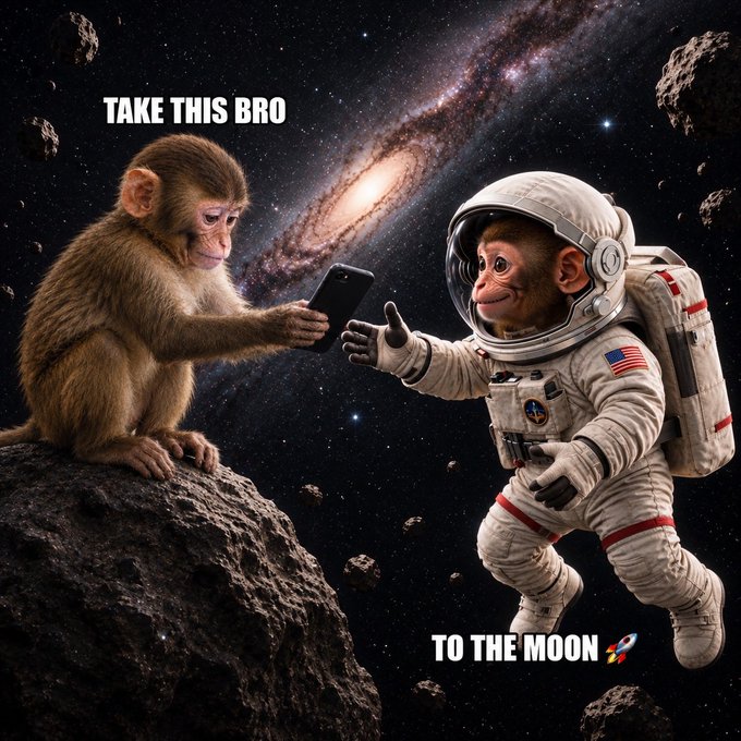 A meme image showing one monkey on an asteroid handing a smartphone to an astronaut monkey in space, with text 'TAKE THIS BRO' and 'TO THE MOON 🚀' set against a galactic background.