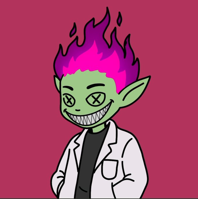 A cartoon illustration of a green-skinned character with pointed ears, pink and purple flame-like hair, X-shaped eyes, and a wide toothy grin, wearing a white lab coat against a maroon background.