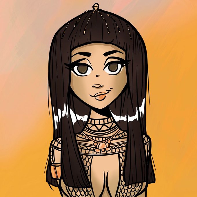 A digital illustration of a woman with long dark hair, blunt bangs, and large eyes, wearing an ornate patterned outfit against an orange background.