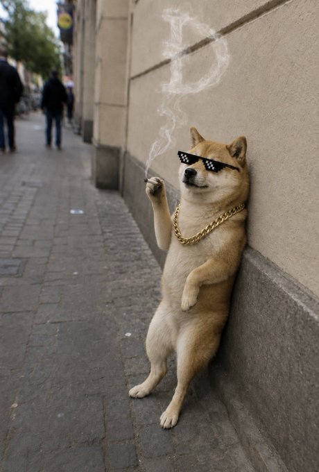 A Shiba Inu dog leans against a wall on a cobblestone sidewalk, wearing pixelated sunglasses and a thick gold chain, holding a joint that releases a plume of smoke curling upward.