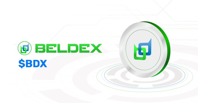 A logo graphic for 'BELDEX $BDX' featuring a silver and green coin with a stylized BN symbol on a white background.