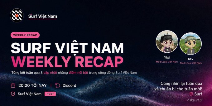 Surf Việt Nam Discord weekly recap event poster for 20:00 tonight, hosted by moderators Yiwi and Kev.