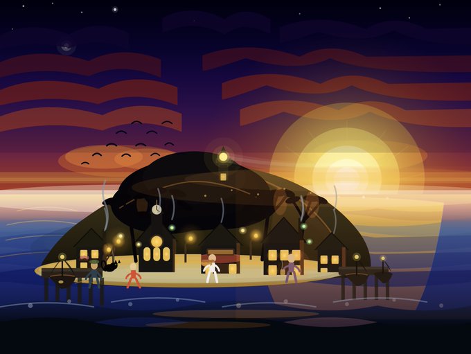 A serene sunset scene shows a small coastal village with glowing houses perched on stilts over the water, with silhouetted figures standing on a pier beneath a golden sun and deep purple sky. The tranquil, greeting-style artwork complements the warm "GM!" post wishing everyone a pleasant week ahead.