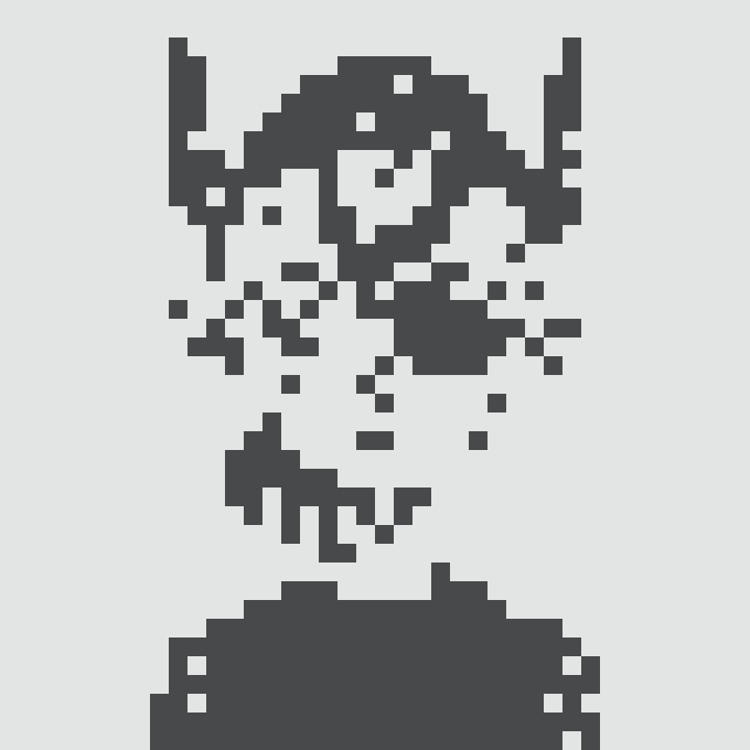 A pixel art style portrait in dark blue and white tones depicting a character with spiky hair, possibly inspired by an anime or video game character.
