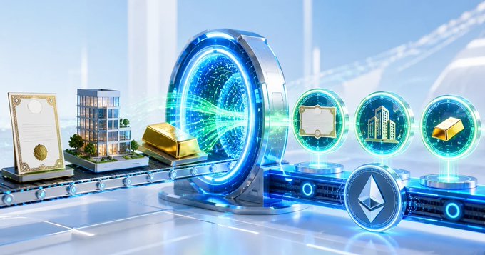A futuristic 3D digital artwork showing a glowing blue circular portal or device on an assembly line, processing items like gold bars, documents, buildings, and cryptocurrency coins including Ethereum.