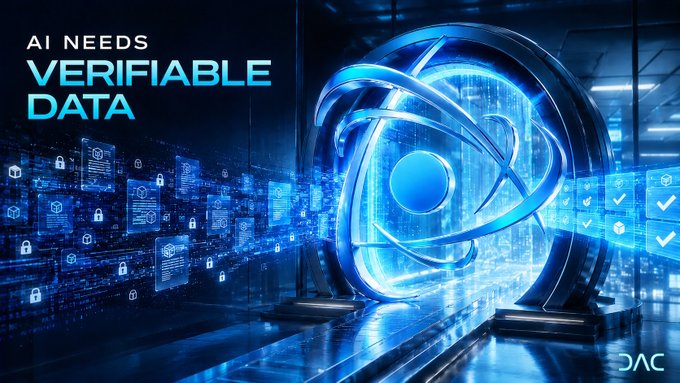 Promotional graphic with the text "AI NEEDS VERIFIABLE DATA" featuring a futuristic blue server room and a glowing spherical structure, with the DAC logo in the corner.