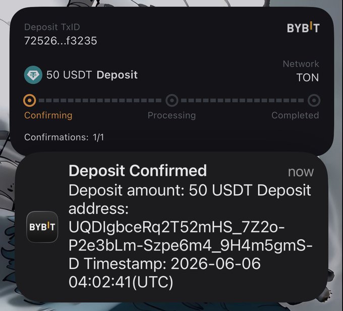 The image shows a message from a cryptocurrency exchange, stating that a user's USDT deposit has been confirmed. The text indicates that the transaction was completed at 4:26 am on June 6th, 2026.