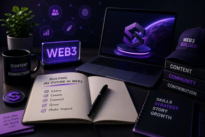 Flat lay of a desk with a 'WEB3' sign, laptop displaying a Polygon logo, notebooks about 'Building My Future in Web3' with items like 'Learn, Create, Connect, Grow, Make Impact'.