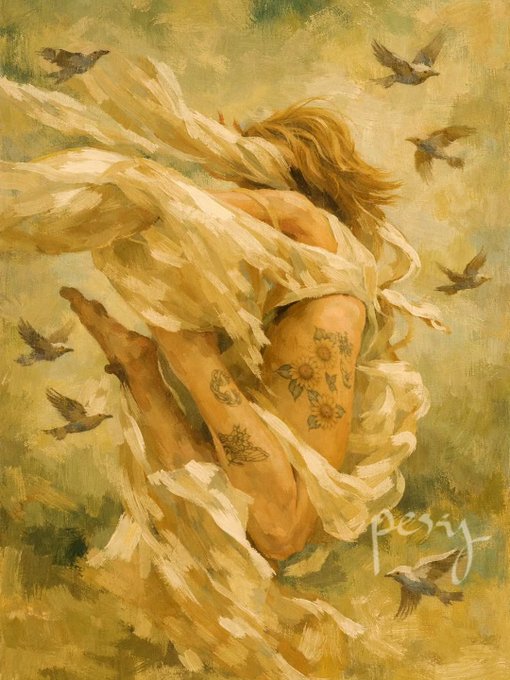 A figure with flowing golden hair and white drapery turns away from the viewer, revealing sunflowers and floral tattoos on their back, while birds soar around them in a hazy, painterly sky. The watermark "pery" appears in the lower right, and the ethereal, emotive style reflects the post's message about art conveying feeling beyond explanation.