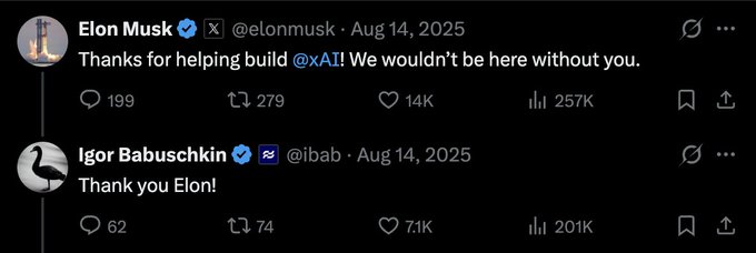 A Twitter/X thread shows Elon Musk (@elonmusk) replying 'Thanks for helping build @xAI! We wouldn't be here without you' to Igor Babuschkin (@ibab) who responded 'Thank you Elon!' on August 14, 2025.
