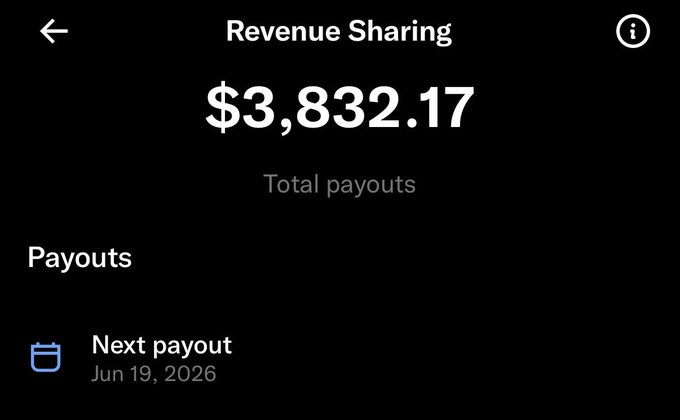 The image shows a screenshot of a mobile app that displays information about a revenue sharing payment. The main focus of the image is a black screen with white text, which reads "Revenue Sharing $3,832.17 Total Payouts Next Payout June 19, 2026". The app's purpose seems to be related to cryptocurrency or digital currency, as it encourages users to guess the payout and win a cash prize if they succeed.