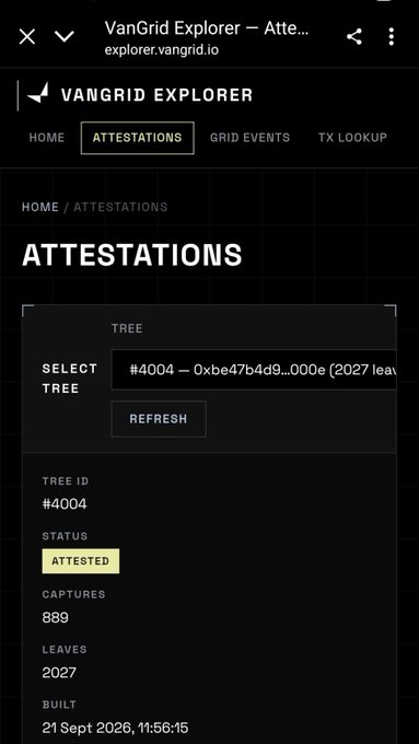 A mobile screenshot of the VanGrid Explorer (explorer.vangrid.io) website showing Attestations page for Tree #4004 with a status of 'ATTESTED', 889 captures, 2027 leaves, built on 21 Sept 2026.