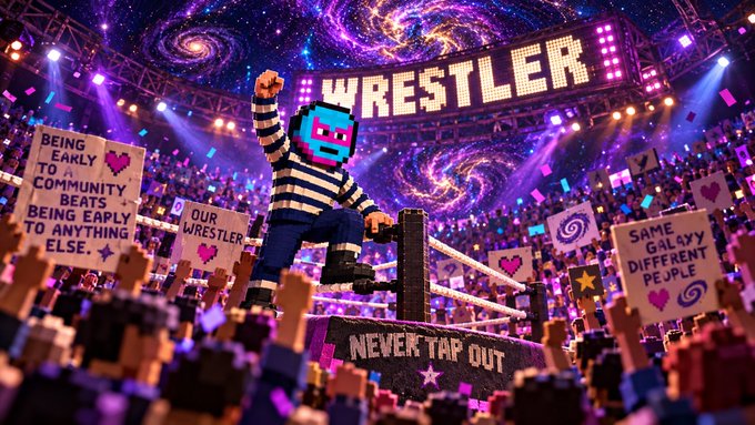 A colorful digital artwork showing a Lego-style wrestler with a blue mask celebrating in a ring under a 'WRESTLER' sign, with crowd signs reading 'BEING EARLY TO A COMMUNITY BEATS BEING EARLY TO ANYTHING ELSE' and 'NEVER TAP OUT'.