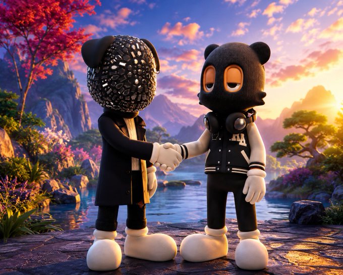 Two cartoon-like character mascots with animal heads shaking hands in a scenic landscape with cherry blossoms and a sunset.