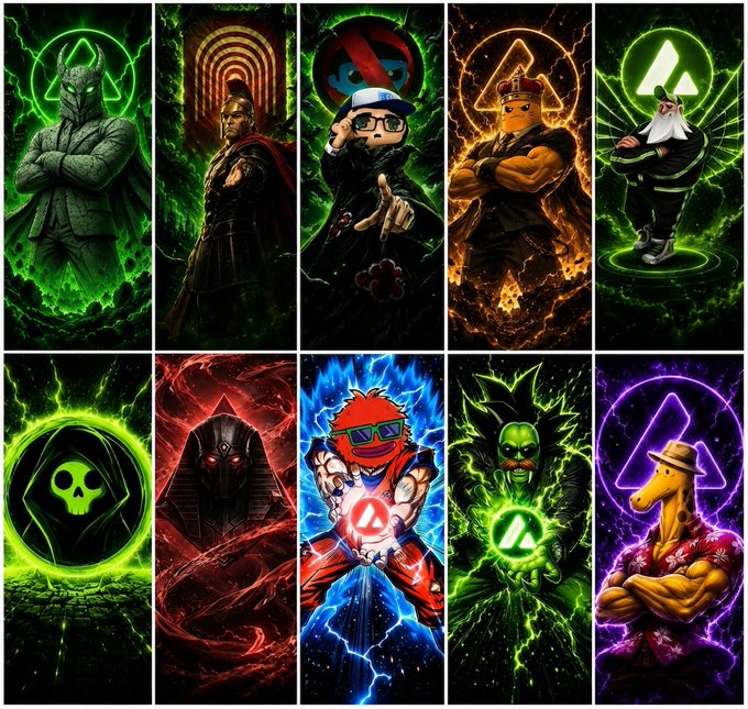 A grid of ten character art panels featuring various fantasy and sci-fi figures, some wearing Akatsuki-style cloaks, set against dramatic green, red, and blue backgrounds with lightning and fire effects.