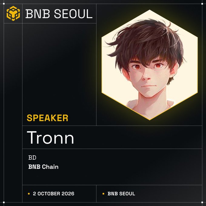 A speaker profile card for Tronn, BD at BNB Chain, features an anime-style portrait and announces their appearance at BNB Seoul on 2 October 2026, where they will participate in panels covering RWA, Trading, Privacy, and AI within the BNB Chain ecosystem.