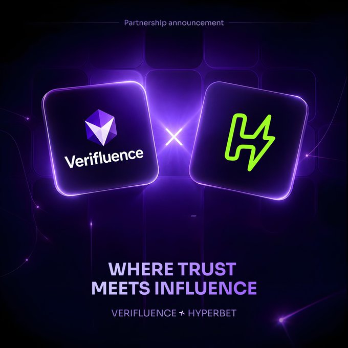 A purple-themed partnership announcement graphic featuring the Verifluence and Hyperbet logos with the tagline 'WHERE TRUST MEETS INFLUENCE'.