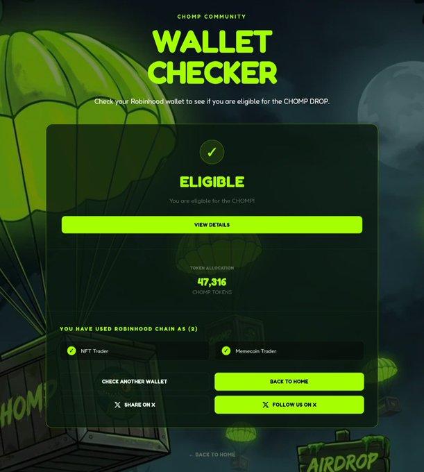 A Wallet Checker tool from Chomp Community displays an "ELIGIBLE" status with a 47,316 CHOMP token allocation for a Robinhood wallet, confirming usage as both an "NFT Trader" and "Memecoin Trader" — illustrating the poster's point about earning potential from NFT activity on Robinhood Chain.
