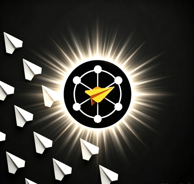 A graphic features a glowing central logo combining a paper airplane and a network node design, surrounded by scattered flying paper airplanes against a dark background.